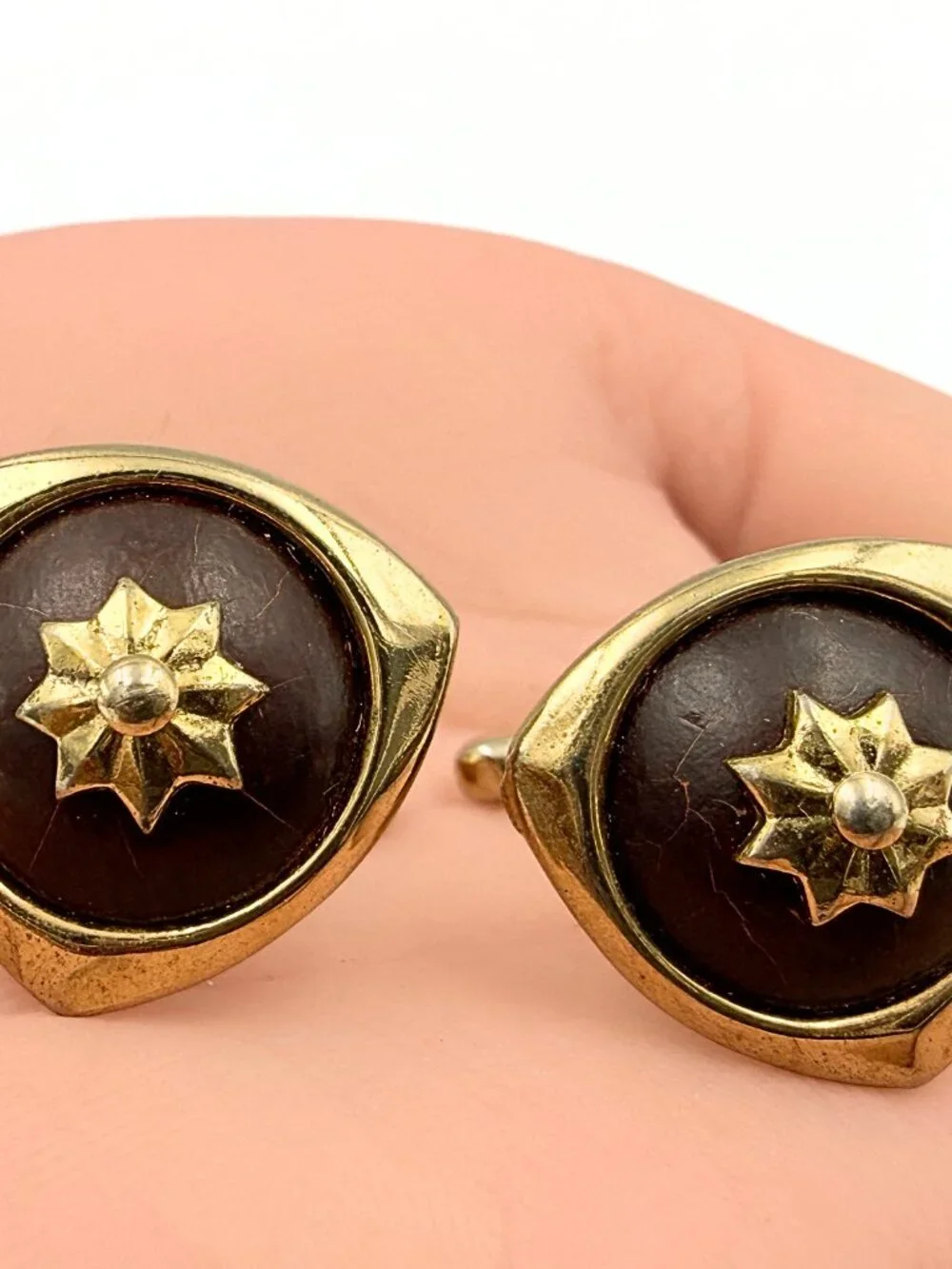 Hickok USA MCM Gold Plated Brown Wood Atomic Starburst Cufflinks